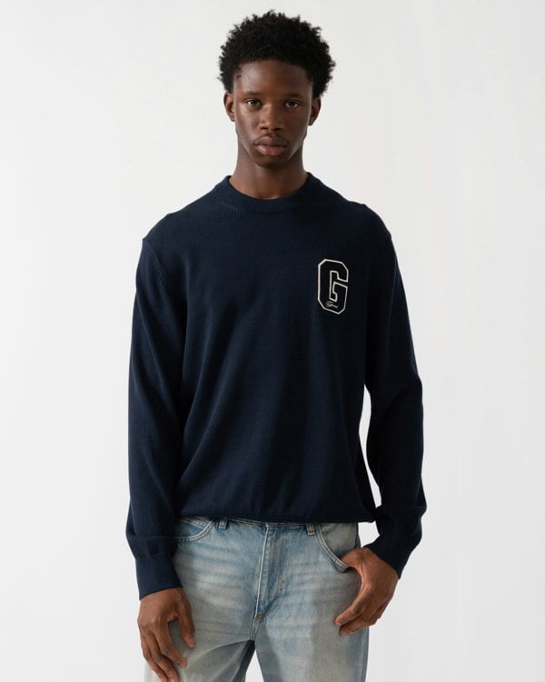 GANT Mens Small Graphic Badge Crew Neck Jumper - 433 Evening Blue