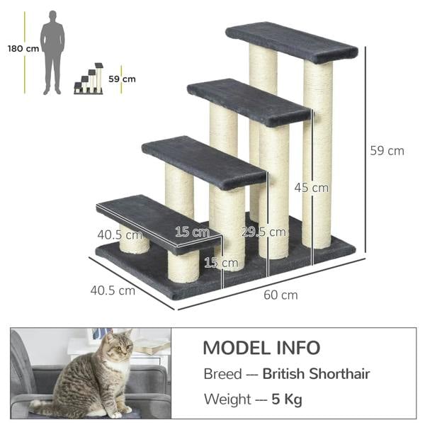 Grey 4-step pet stairs with sisal-wrapped posts and cushioned platforms