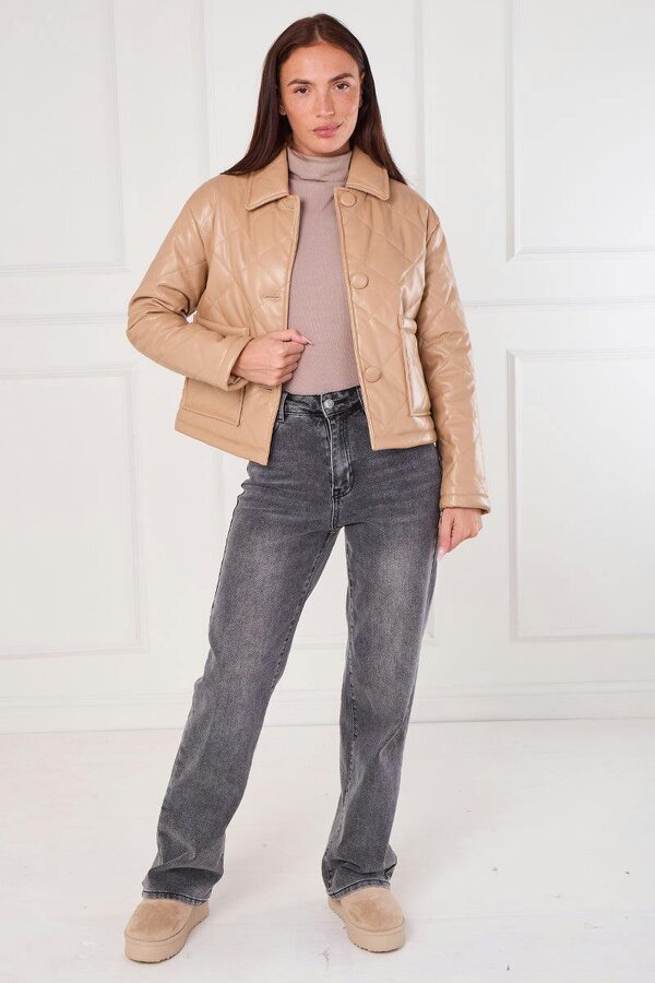 Elaina Fashion Beige Quilted Faux PU Jacket