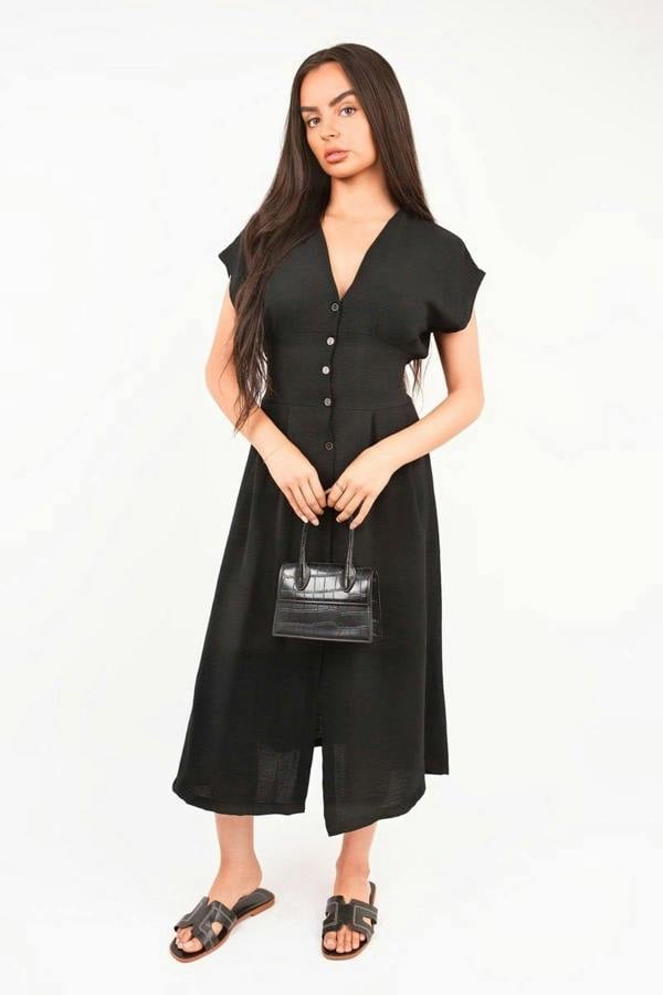 Reeva Button Down Cap Sleeve Midi Dress - Black