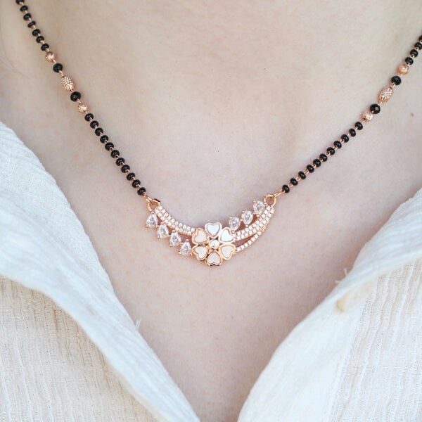 The Colourful Aura Indian Nazaria Rose Gold Fan Crown Zircon Mangalsutra Black Beads Necklace