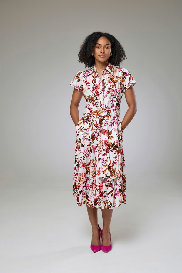 Isha's Timeless collection Blooming Pink Flora Short Sleeve Shirt Dress