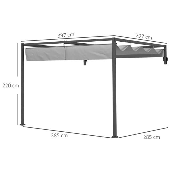 Dark grey lean-to steel pergola frame with retractable canopy and four support posts.