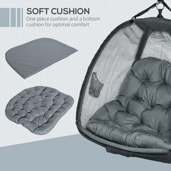 Grey hanging egg chair with light grey one-piece cushion and extra seat pad