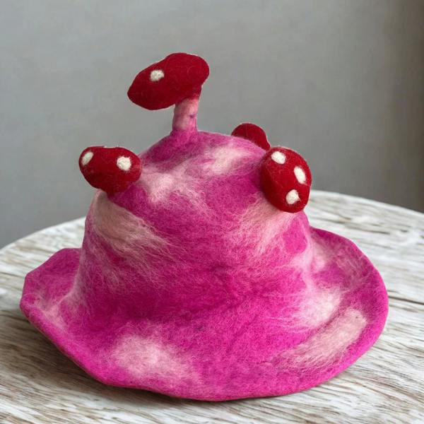 Bright pink felt mushroom hat with red cap, stem, and white-spotted details