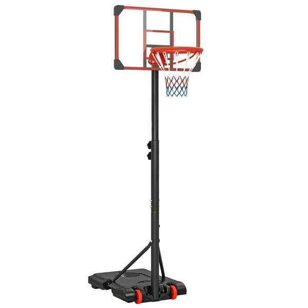 Red height-adjustable basketball hoop with clear backboard, red rim, and black pole