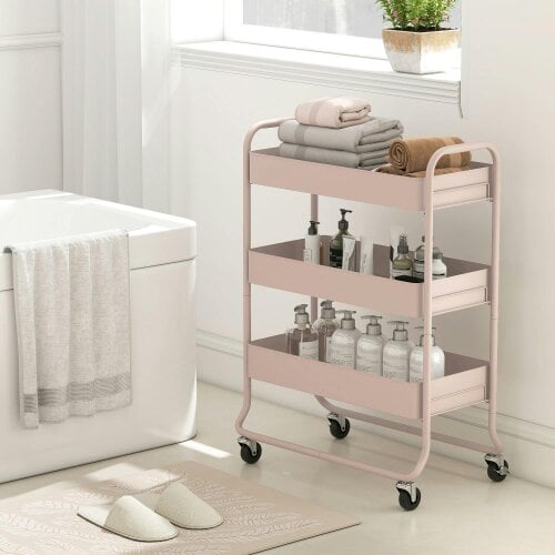Wyld Haus Noluli Doha Metal Light Pink 3 Tier Rolling Utility Trolley With Mesh Baskets