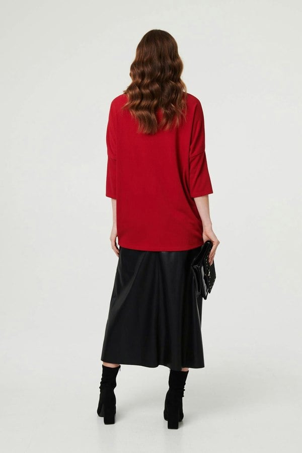Red | Asymmetric Zip Hem 3/4 Sleeve Tunic Top
