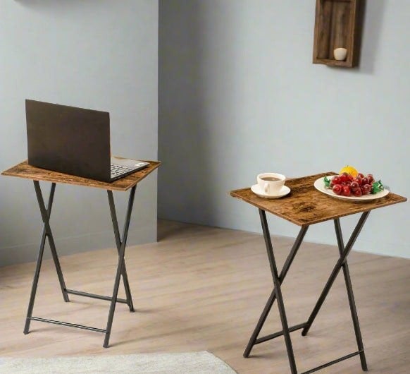 Set of 2 rustic brown folding side tables with black metal frame, industrial snack and TV tray tables for small living spaces


