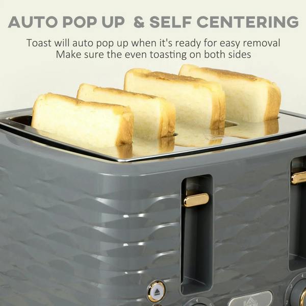 Grey four-slice toaster with auto pop-up slots showing toast slices