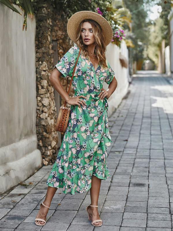 FS Collection Summer Wrap Midi Dress In Mint Floral Print
