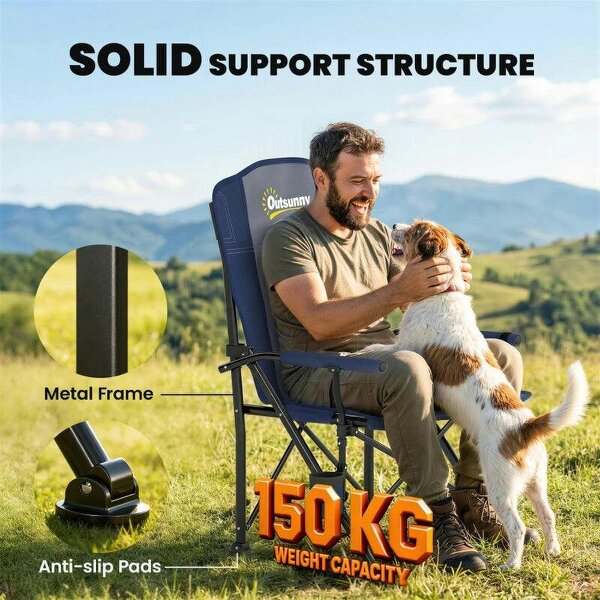 Padded Camping Chair Adults Heavy Duty Folding Chair Side Pocket Cup Holder Carry Bag Outdoor Dark Blue