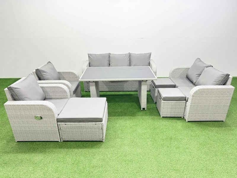 Fimous 10 Seater Garden Furniture Set PE Rattan Garden Sofa Set with Rectangular Dining Table 3 Stool Light Grey