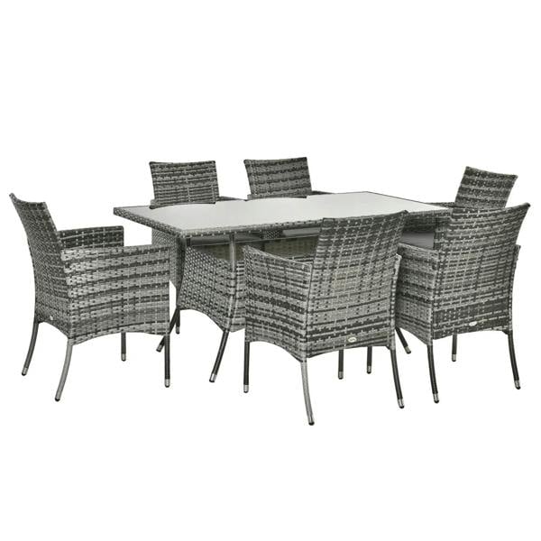 Grey rattan dining set with rectangular glass-top table and six armchairs