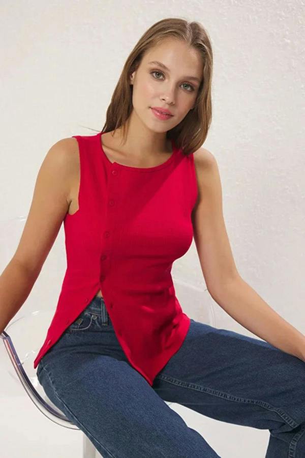 Hoxton Gal Buttoned Asymmetric Fitted Ribbed Stretch Knit Blouse