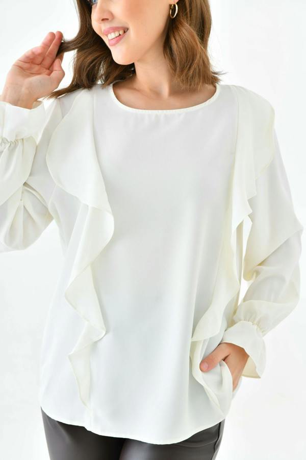Hoxton Gal Oversized Frilled Front Blouse with Detailed Cuffs in White