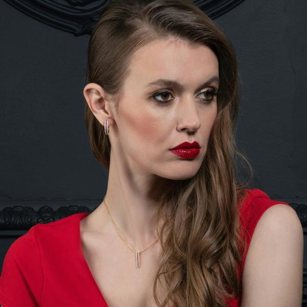 Gold Bar Pendant Necklace with Red Cubic Zirconia Stones - namana.london
