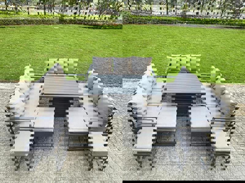 Fimous 13 Seater Aluminum Outdoor Garden Furniture Set with Adjustable Rising Dining Table, 3 Sofas & 4 Footstools - Grey