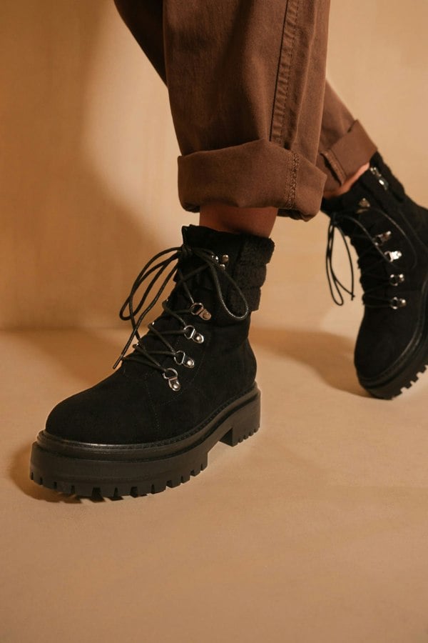Where's That From Heidi Platform Lace Up Boot With Side Zip and Faux Wool Detail Around the Ankle in Black Suede