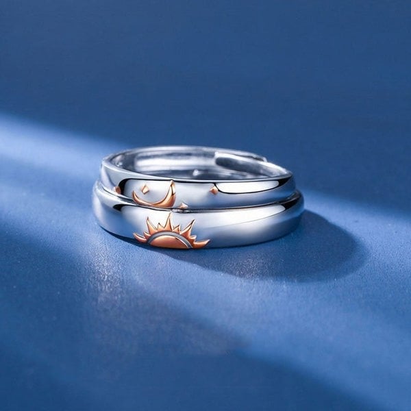 The Colourful Aura Moon and Sun Adjustable Silver Couple Promise his and hers Rings