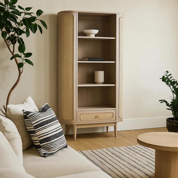 Wyld Haus Chicago Cane Rattan and Natural Mango Wood Display Shelving Unit with Drawer