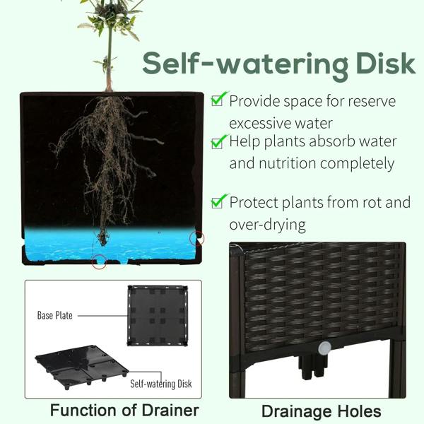 Brown self-watering planter box set of 4 with drainage features illustration