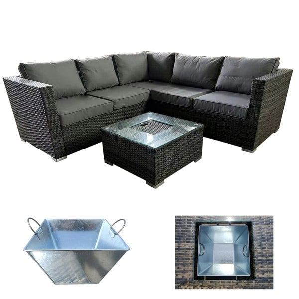 Furniture One Garden Rattan Patio Corner 5 Seater Sofa with Ice Bucket Coffee Table, Padded Wicker Patio All Weather Set