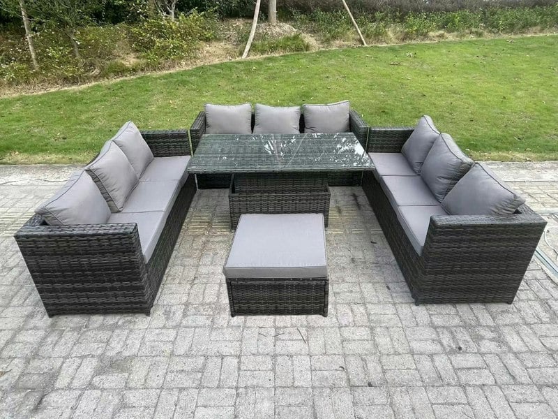 Fimous 10 Seater Rattan Garden Furniture Sofa Set Outdoor Adjustable Rising Lifting Dining Table Set with Big Footstool Dark Grey Mixed
