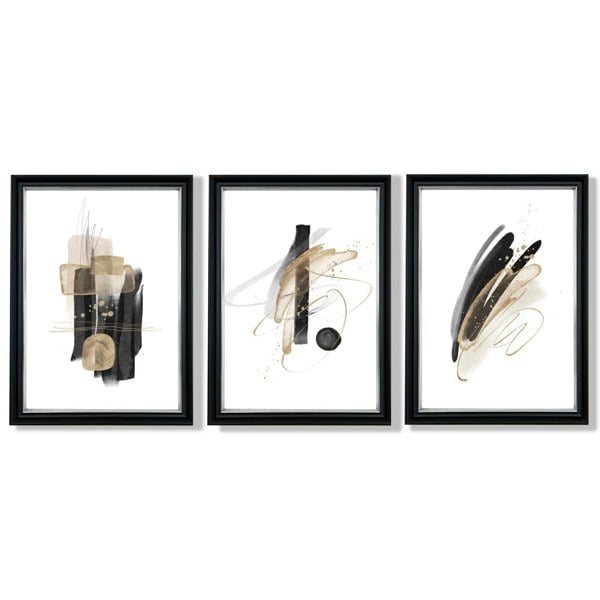 Set of 3 Abstract Black and Gold Fiesta Framed Art Prints with Vermeer Black and Silver Frames