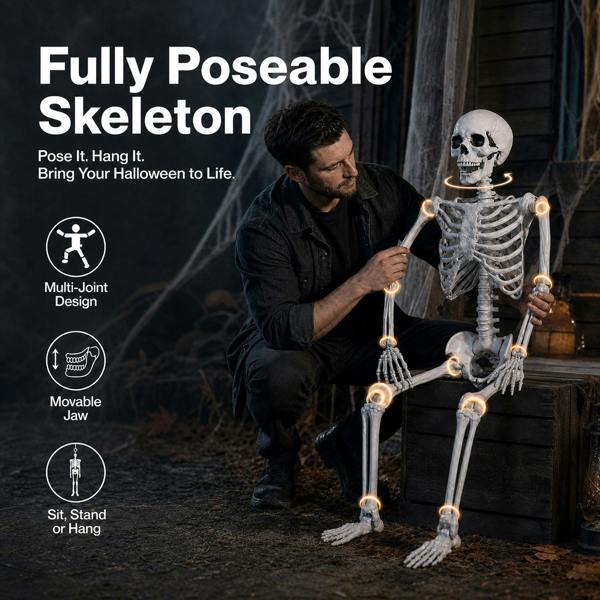 Yezi Halloween Skeleton Life Size 185cm Posable Joints Haunted House Patio White