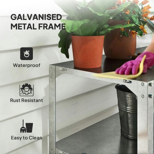 Bobobiy 2 Tier Potting Bench Table, Galvanised Steel Garden Planting Work Bench Workstation with Storage Shelf, 110 x 50 x 75 cm, Silver Tone