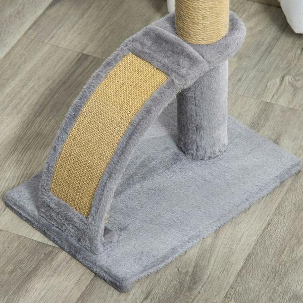 Grey cat climbing tower platform with curved jute scratching panel