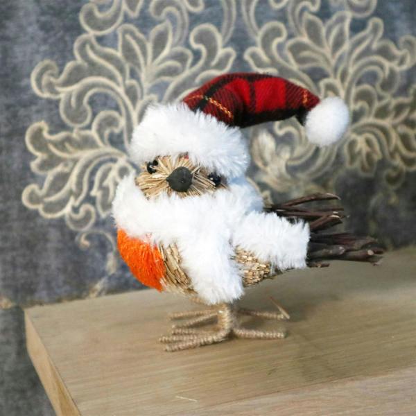 13cm Robin Christmas Tabletop Decoration with Furry Hat and Scarf, Rustic Straw and Jute Finish image 7
