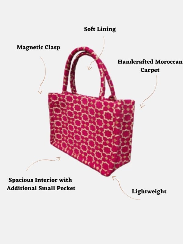 Berber Leather Moroccan Geometric Print Fabric Tote Bag in Pink