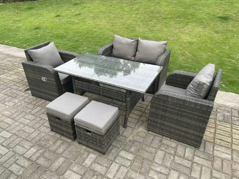 Fimous Dark Grey PE Wicker Rattan Garden Furniture Set Love Sofa Reclining Chair Outdoor Rectangular Dining Table Stools 6 Seater