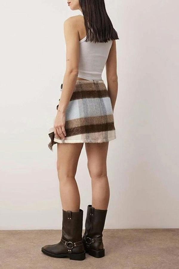 WOVCOR Argyle Pattern Woven Winter Mini Skirt with Belt Detail