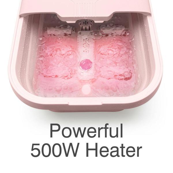 Foot spa with 500W heater and hydro bubbles for fast water heating and soothing foot massage.