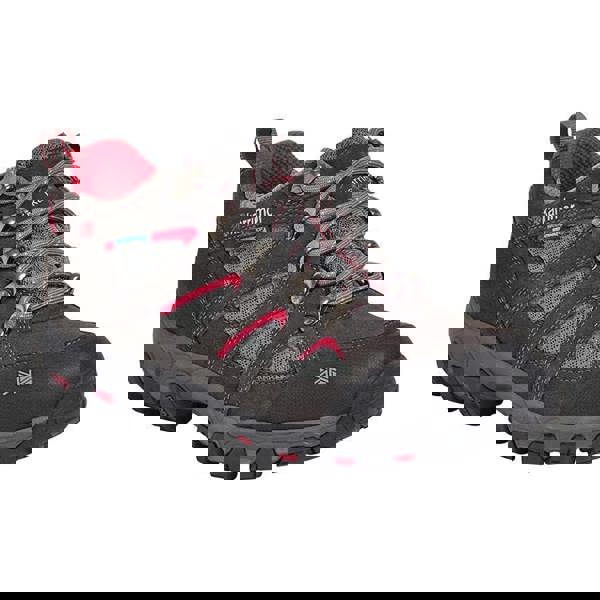 Karrimor Bodmin 5 Womens Waterproof Hiking Walking Trainers, close-up view of a black and red hiking shoe with grey laces and rugged sole for outdoor adventures.