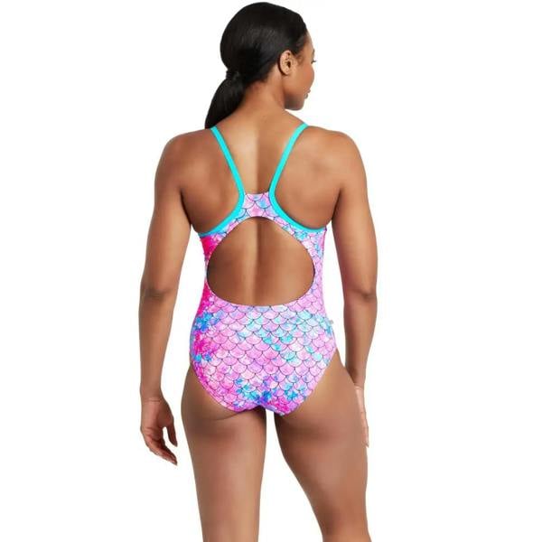 Zoggs Sirene Sparkle thermal ecofeel mermaid scale swimsuit in aqua pink