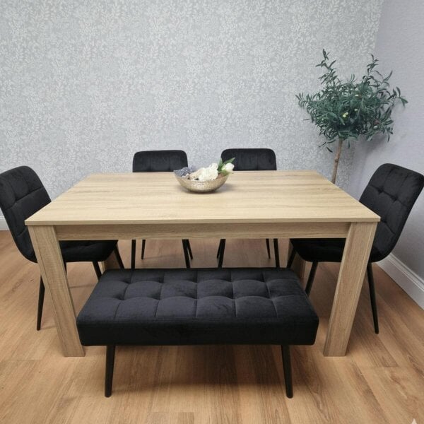 Kosy Koala Modern Oak Table with 4 Black Velvet Chairs and a Black Velvet Benche Dining Room Set