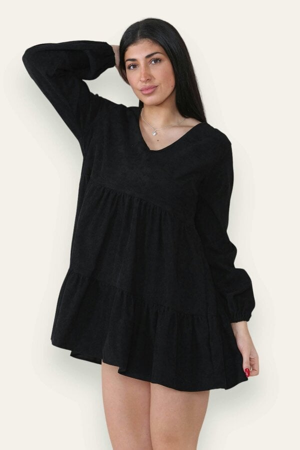 Elaina Fashion Women's Black Corduroy V-Neck Smock Mini Dress