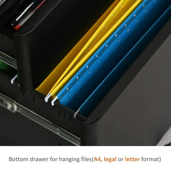 Bottom hanging-file drawer inside black three-drawer rolling filing cabinet with folders