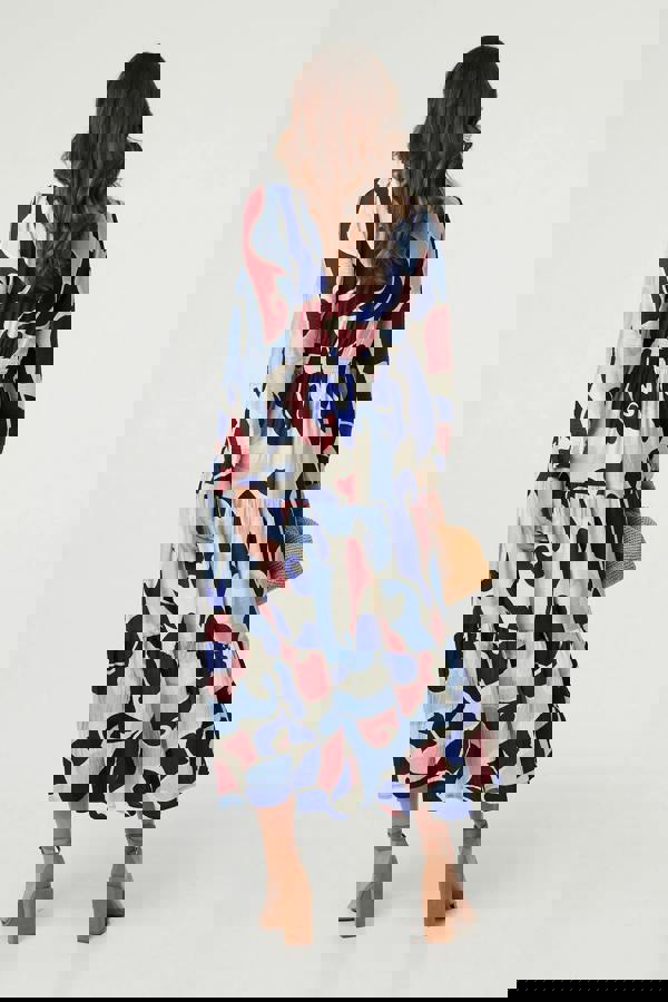 Blue | Abstract Tiered Long Sleeve Midi Dress