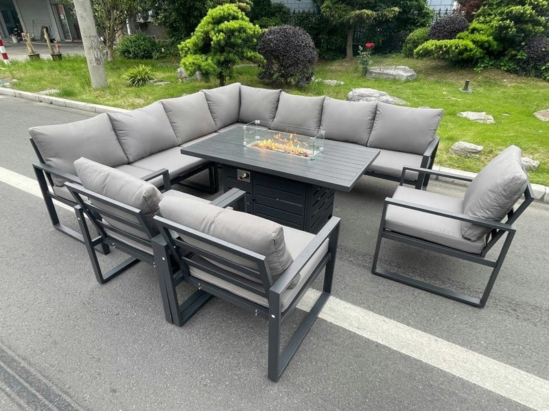 Fimous Aluminum Outdoor Garden Furniture Corner Sofa 3 PC Chairs Gas Fire Pit Dining Table Sets Gas Heater Burner Dark Grey 10 Seater