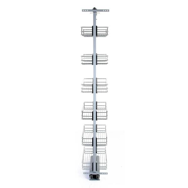 KuKoo pull-out soft close kitchen larder with six wire baskets, sleek silver frame, adjustable height 170-195cm, ideal for storage