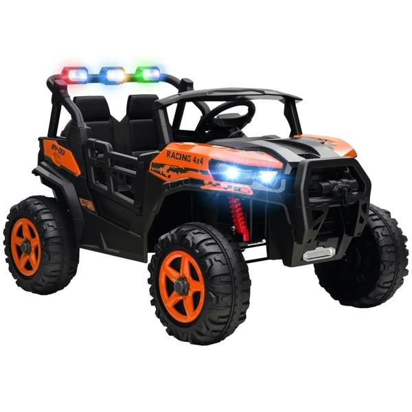 Kids 2-seater electric ride-on car, orange and black, rugged off-road body with front lights