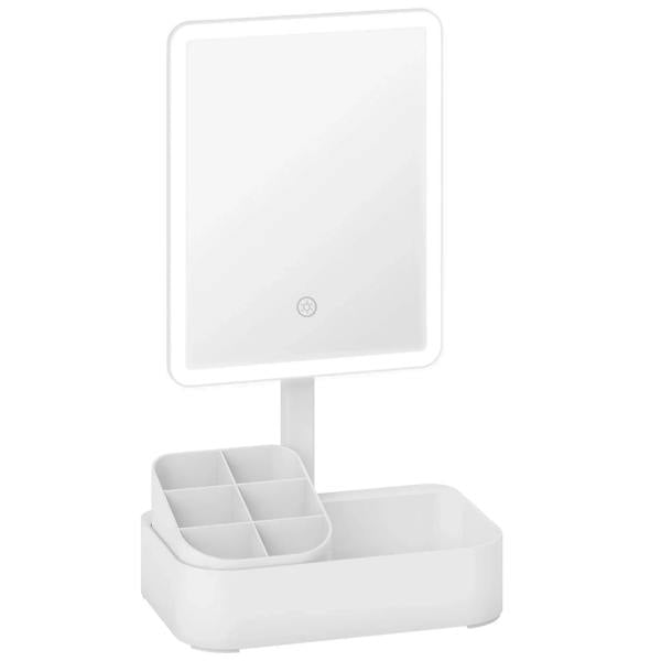 White lighted vanity makeup mirror with touch screen and multi-slot base stand