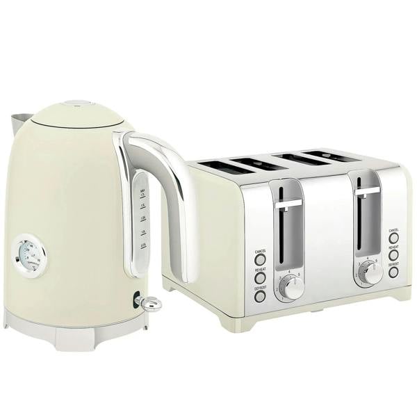 Retro kettle and toaster set in cream with chrome accents and control dials