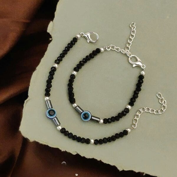 The Colourful Aura Black Beaded Evil eye Kids Nazar Bracelet in Silver