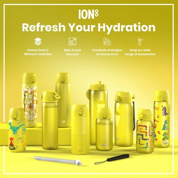 Multiple yellow ION8 water bottles, of varying sizes and designs, are displayed on a yellow surface. Refresh Your Hydration. Choose from 3 different materials. Sizes to suit any user. Hundreds of designs to choose from. Shop our wide range of accessories.